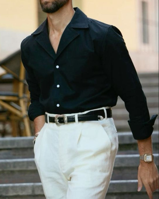 Italian Old Money Black Cuban Collar Shirt – Premium Linen Blend | THE ROYL COLLAR™