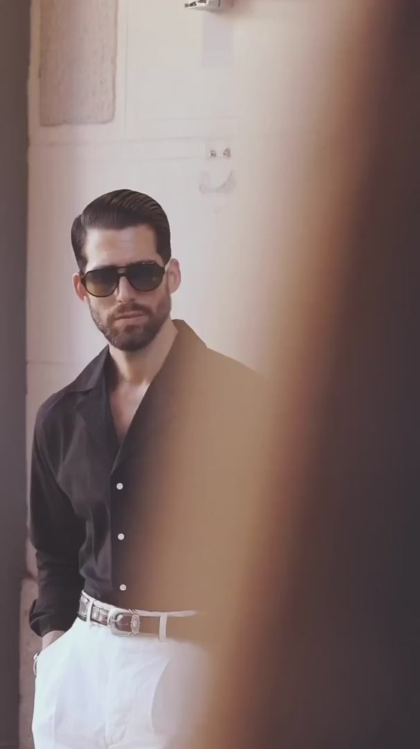 Italian Old Money Black Cuban Collar Shirt – Premium Linen Blend | THE ROYL COLLAR™